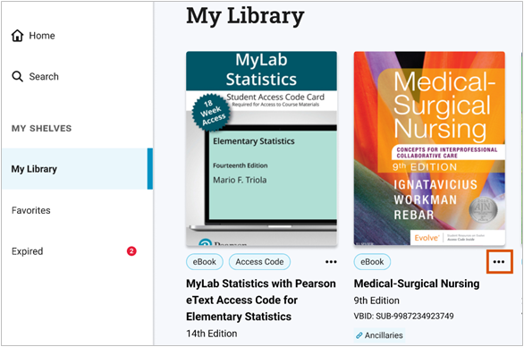 Bookshelf book item menu button