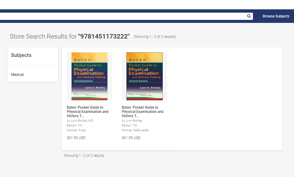 VitalSource store search bar results