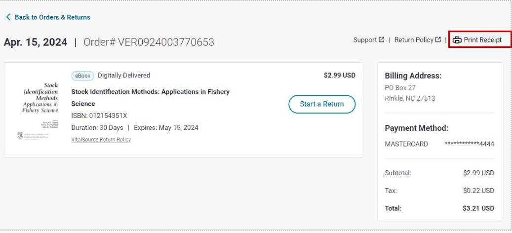 Print receipt of order button