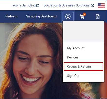 Vitalsource dropdown menu, orders and returns highlighted