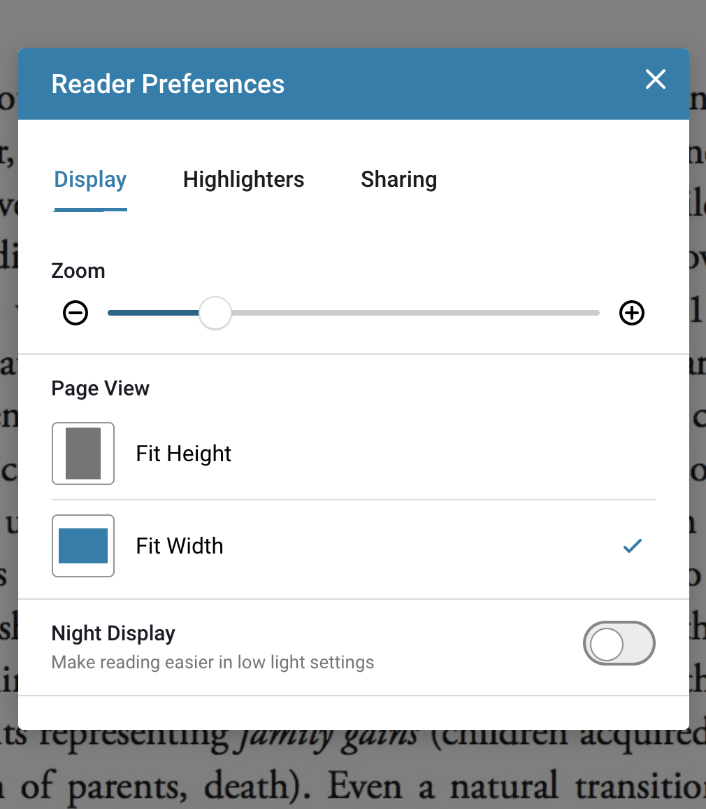 Reader Display Preferences menu