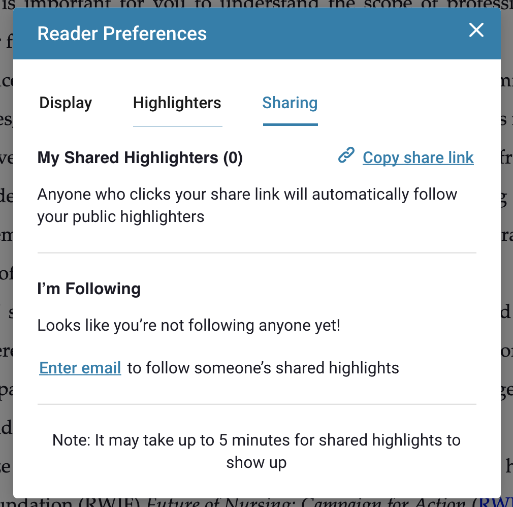 Reader prefrerences sharing tab