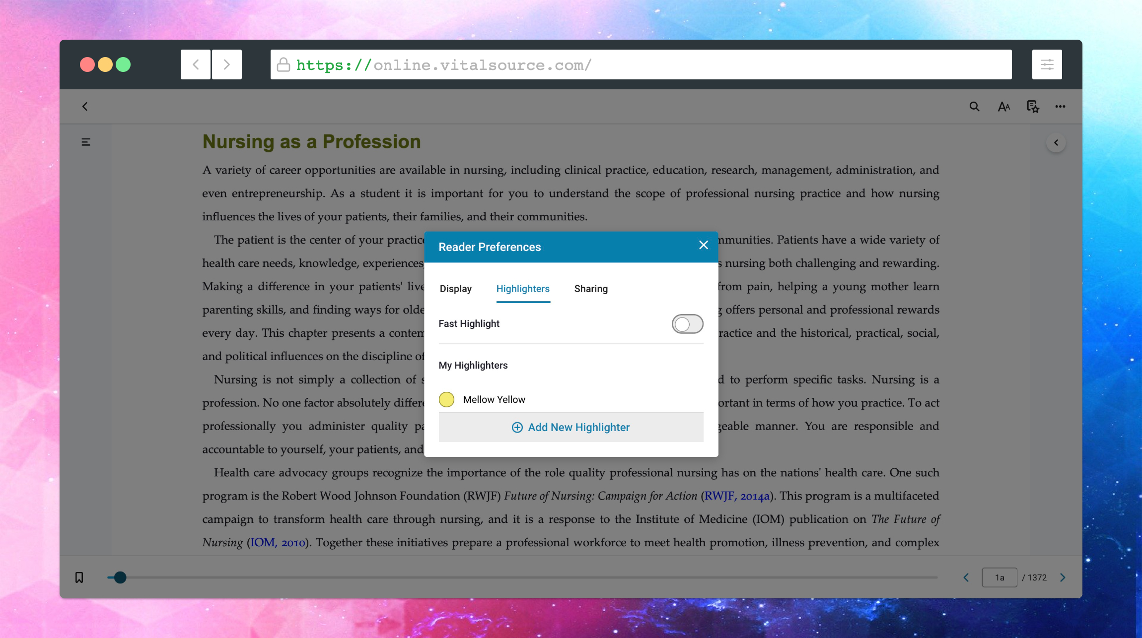 reader preferences menu