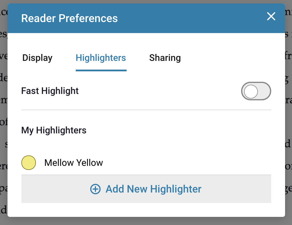 Reader prefrerences highlighters tab