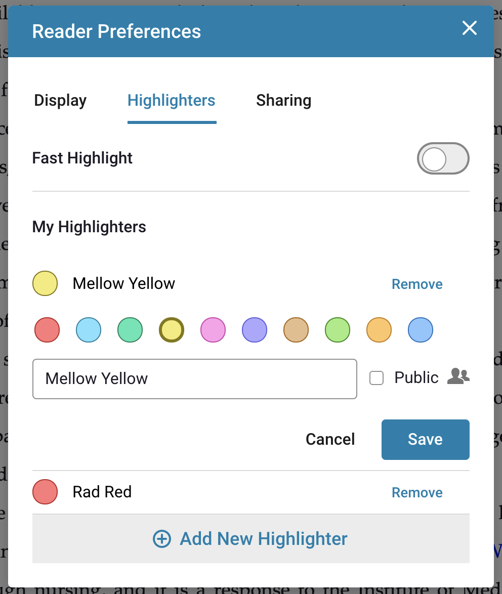 hightlights tab  options