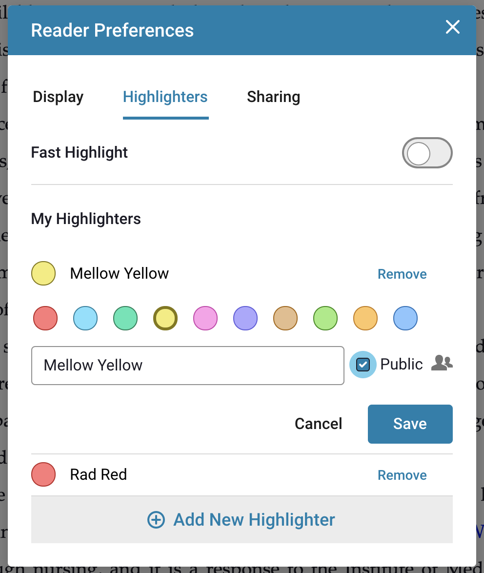 hightlights tab  options