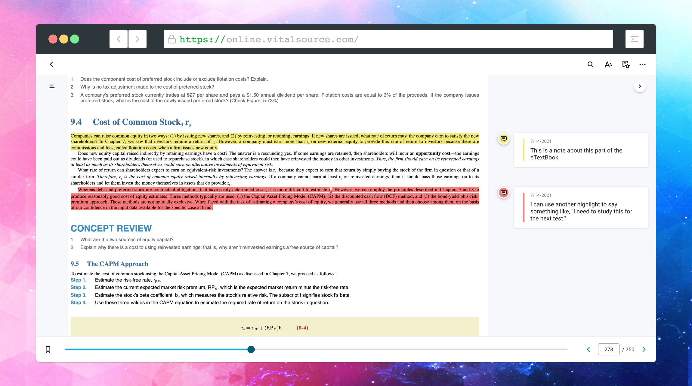 Margin notes on Etextbooks screenshot