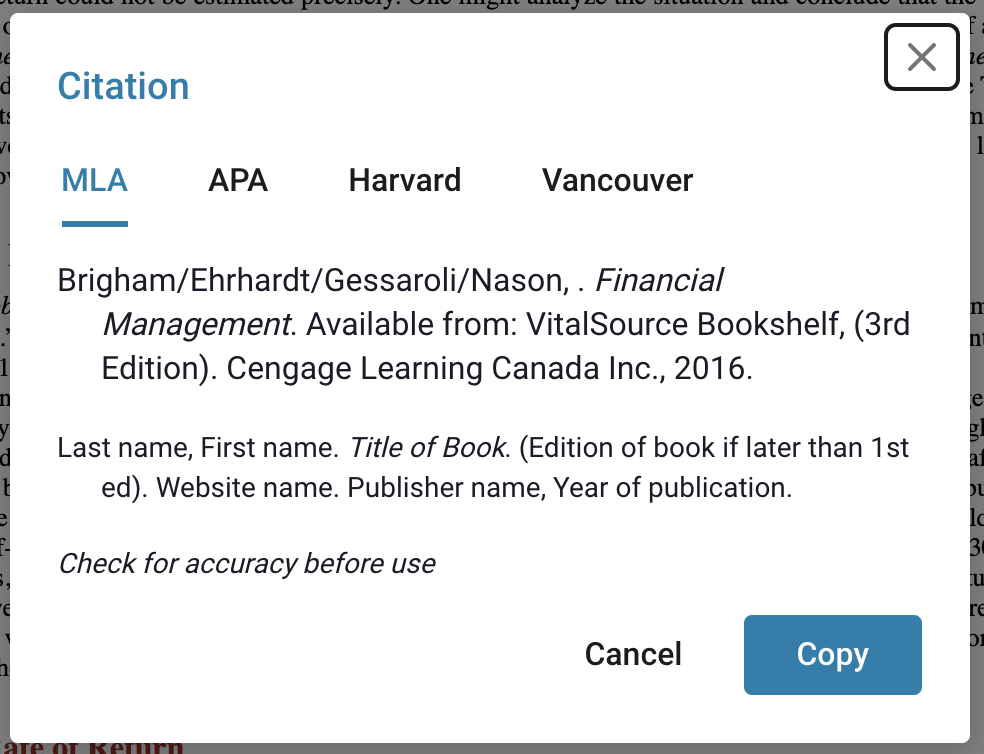 Select type of citation menu