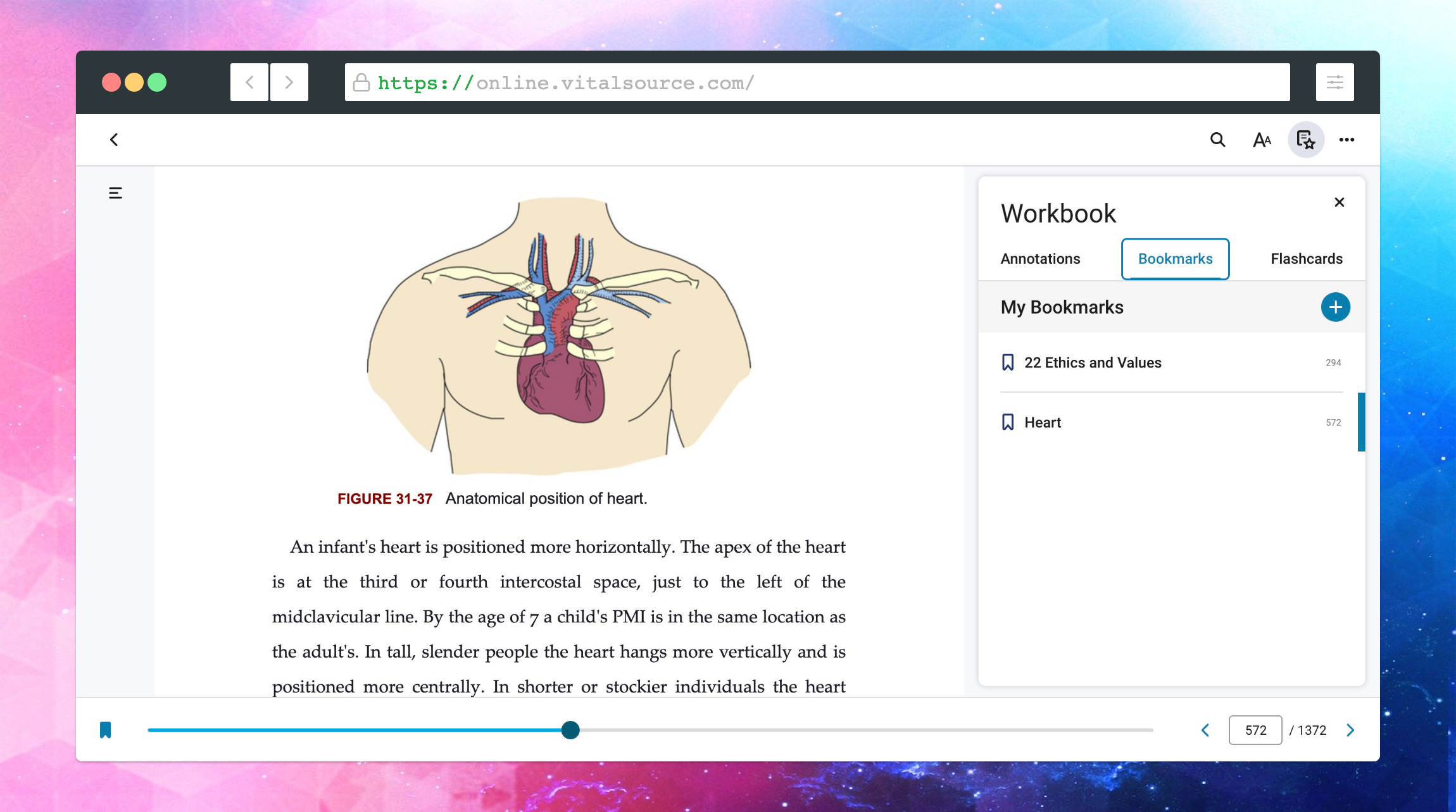 Book reader screen with figures bookmarks tab selected